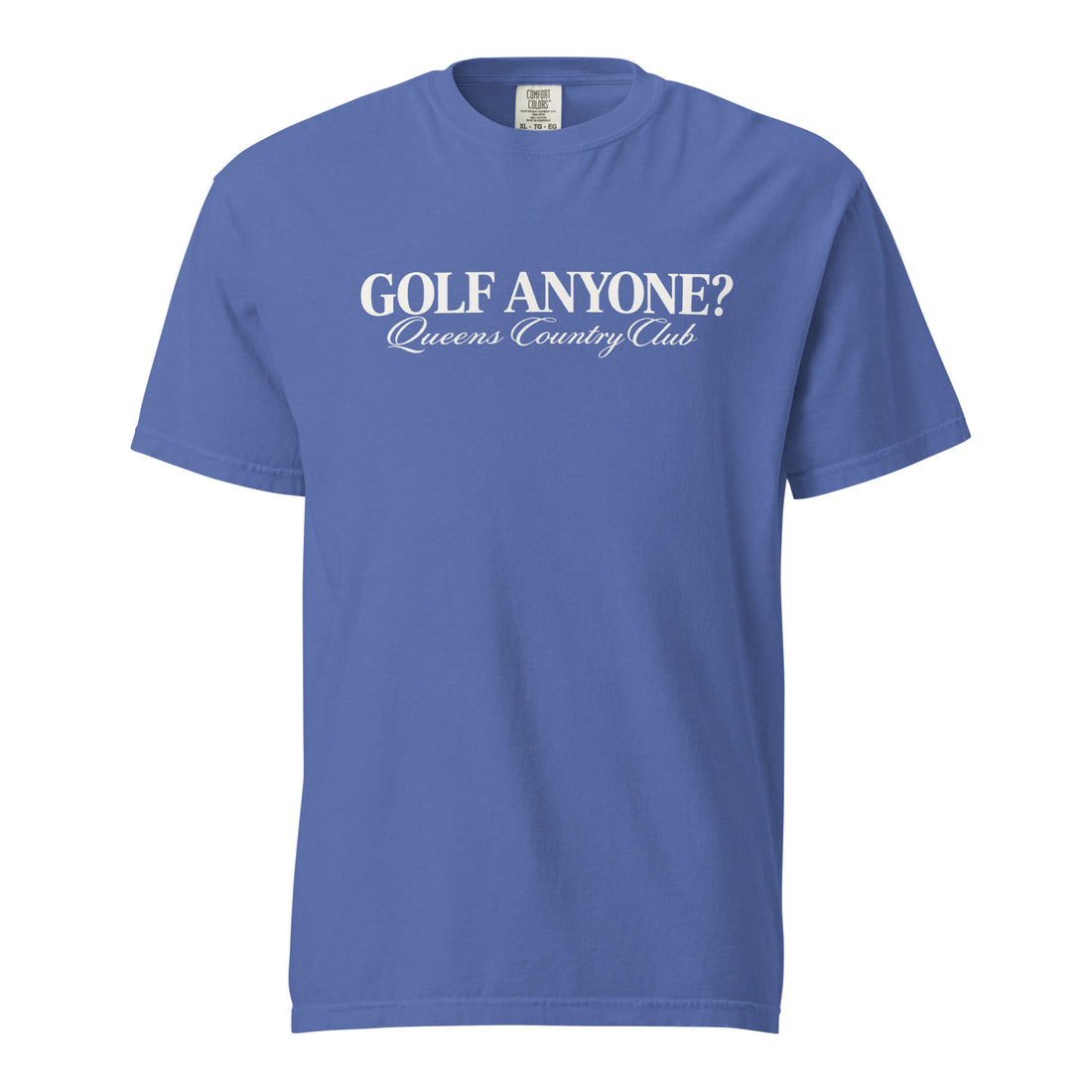 Queens Country Club Golf Anyone? Tee with white print in Mystic Blue, front view