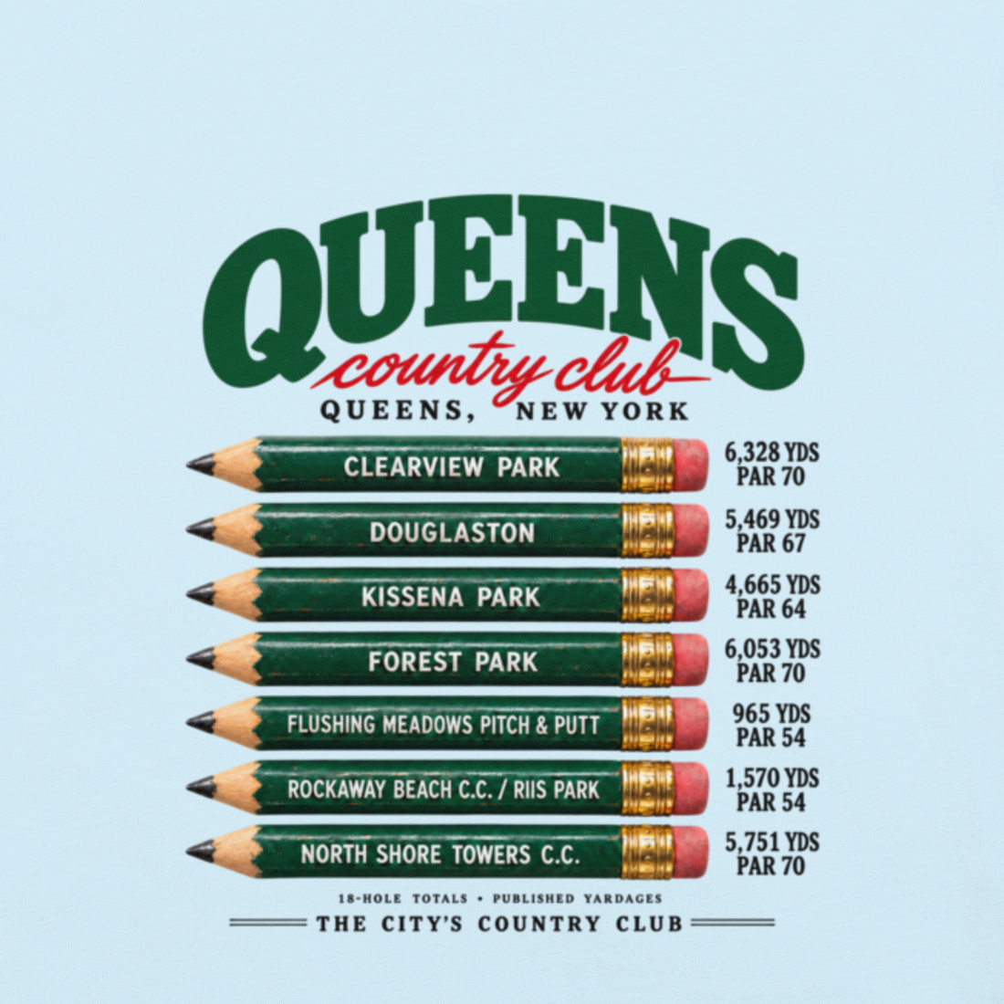 QCC Golf Pencil Tee - Queens in Chambray, back view showing green course-name pencils and Queens lettering.