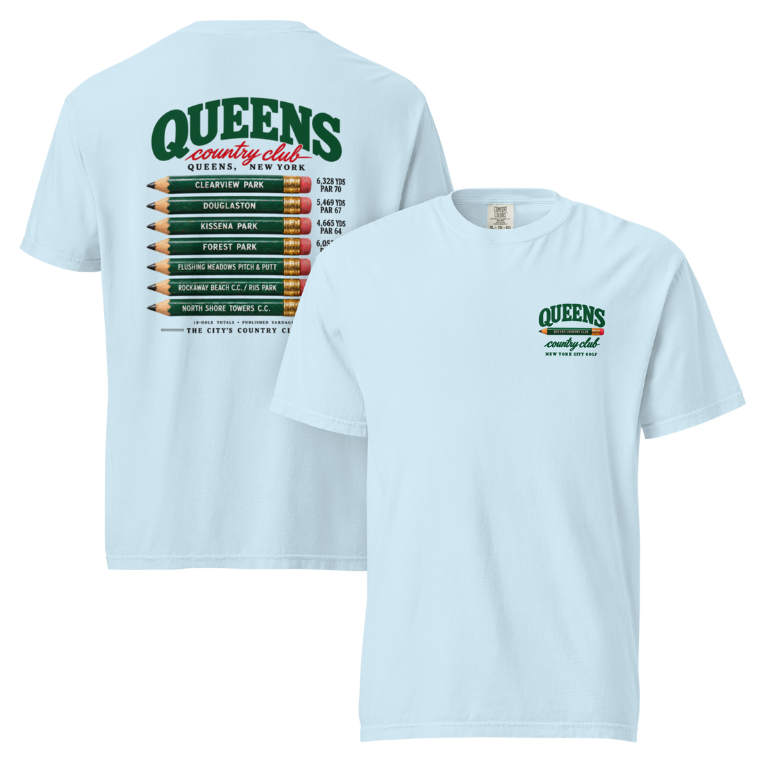 QCC Golf Pencil Tee - Queens in Chambray, front and back view showing Queens pencil chest emblem and course-name pencil back graphic.