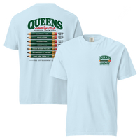 QCC Golf Pencil Tee - Queens in Chambray, front and back view showing Queens pencil chest emblem and course-name pencil back graphic.