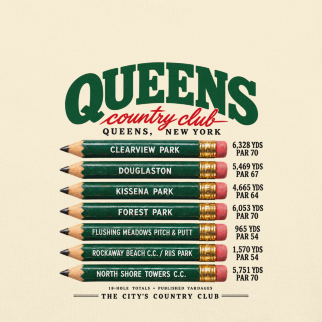 QCC Golf Pencil Tee - Queens in Ivory, back view showing green course-name pencils and Queens lettering.