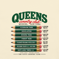 QCC Golf Pencil Tee - Queens in Ivory, back view showing green course-name pencils and Queens lettering.