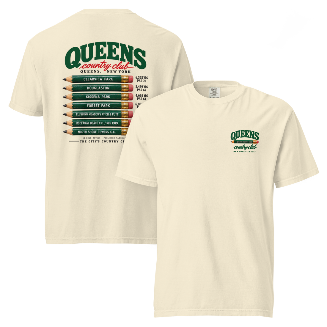 QCC Golf Pencil Tee - Queens in Ivory, front and back view showing Queens pencil chest emblem and course-name pencil back graphic.