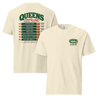 QCC Golf Pencil Tee - Queens in Ivory, front and back view showing Queens pencil chest emblem and course-name pencil back graphic.