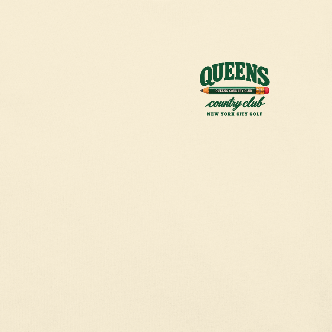 QCC Golf Pencil Tee - Queens in Ivory, front view showing Queens Country Club pencil chest emblem.