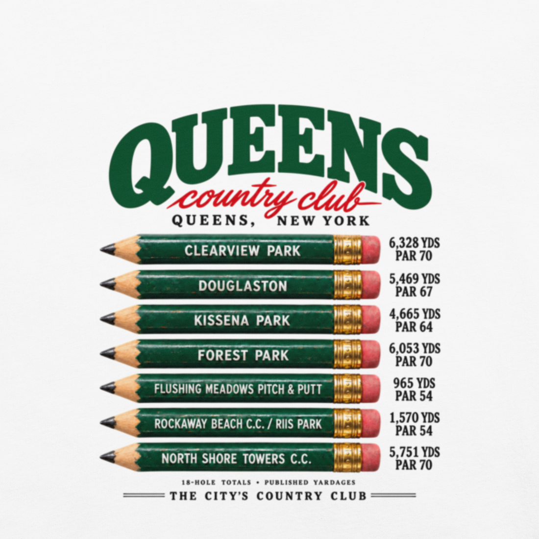 QCC Golf Pencil Tee - Queens in White, back view showing green course-name pencils and Queens lettering.