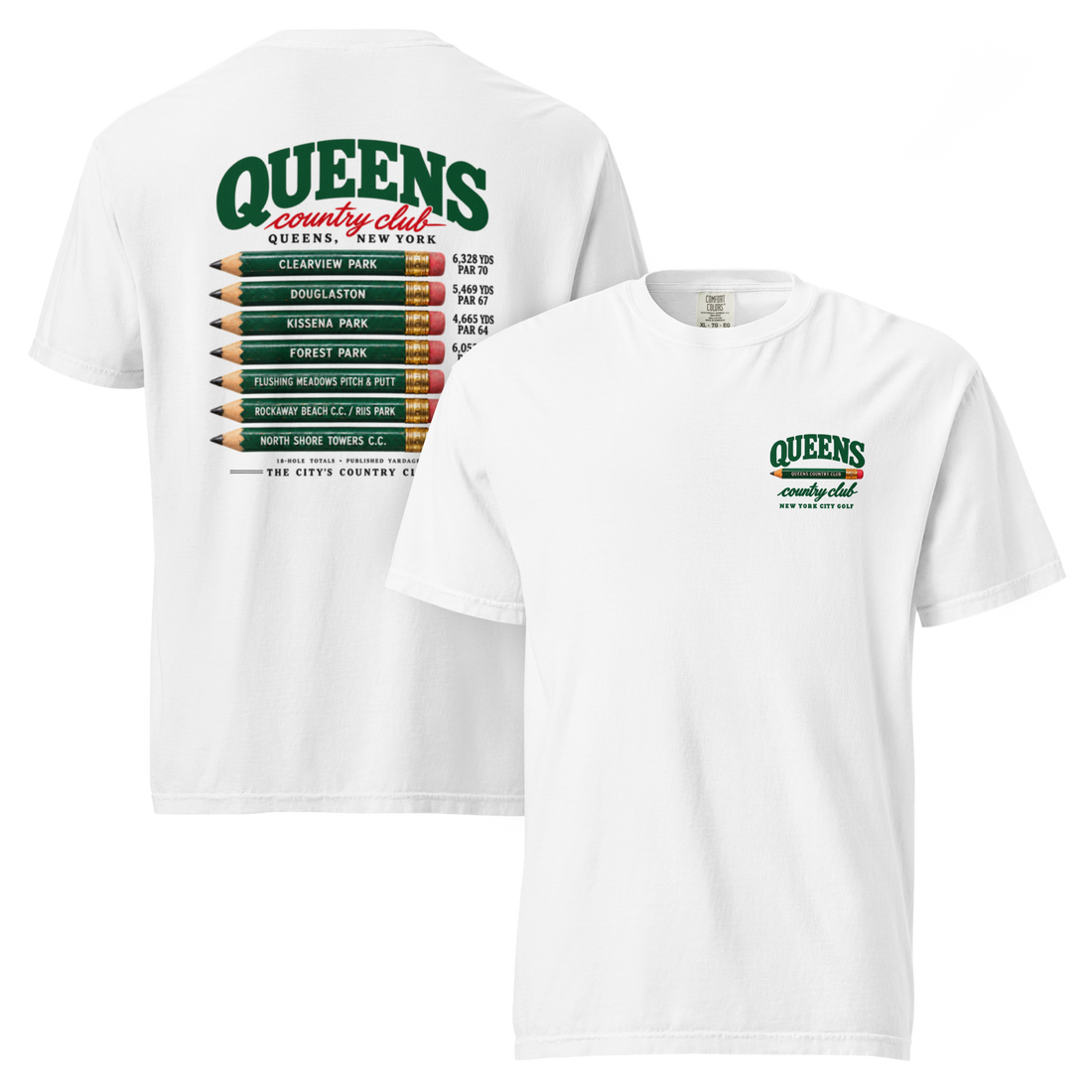 QCC Golf Pencil Tee - Queens in White, front and back view showing Queens pencil chest emblem and course-name pencil back graphic.