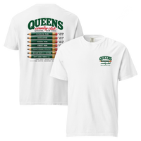 QCC Golf Pencil Tee - Queens in White, front and back view showing Queens pencil chest emblem and course-name pencil back graphic.