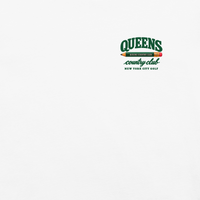 QCC Golf Pencil Tee - Queens in White, front view showing Queens Country Club pencil chest emblem.