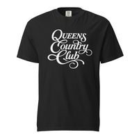 Black QCC Heritage Script heavyweight garment-dyed T-shirt with white Queens Country Club graphic