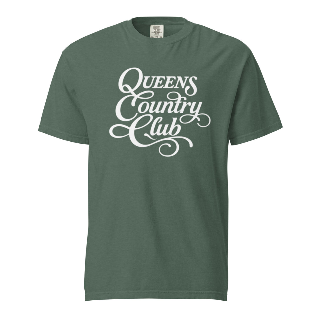 Blue Spruce QCC Heritage Script heavyweight garment-dyed T-shirt with white Queens Country Club graphic