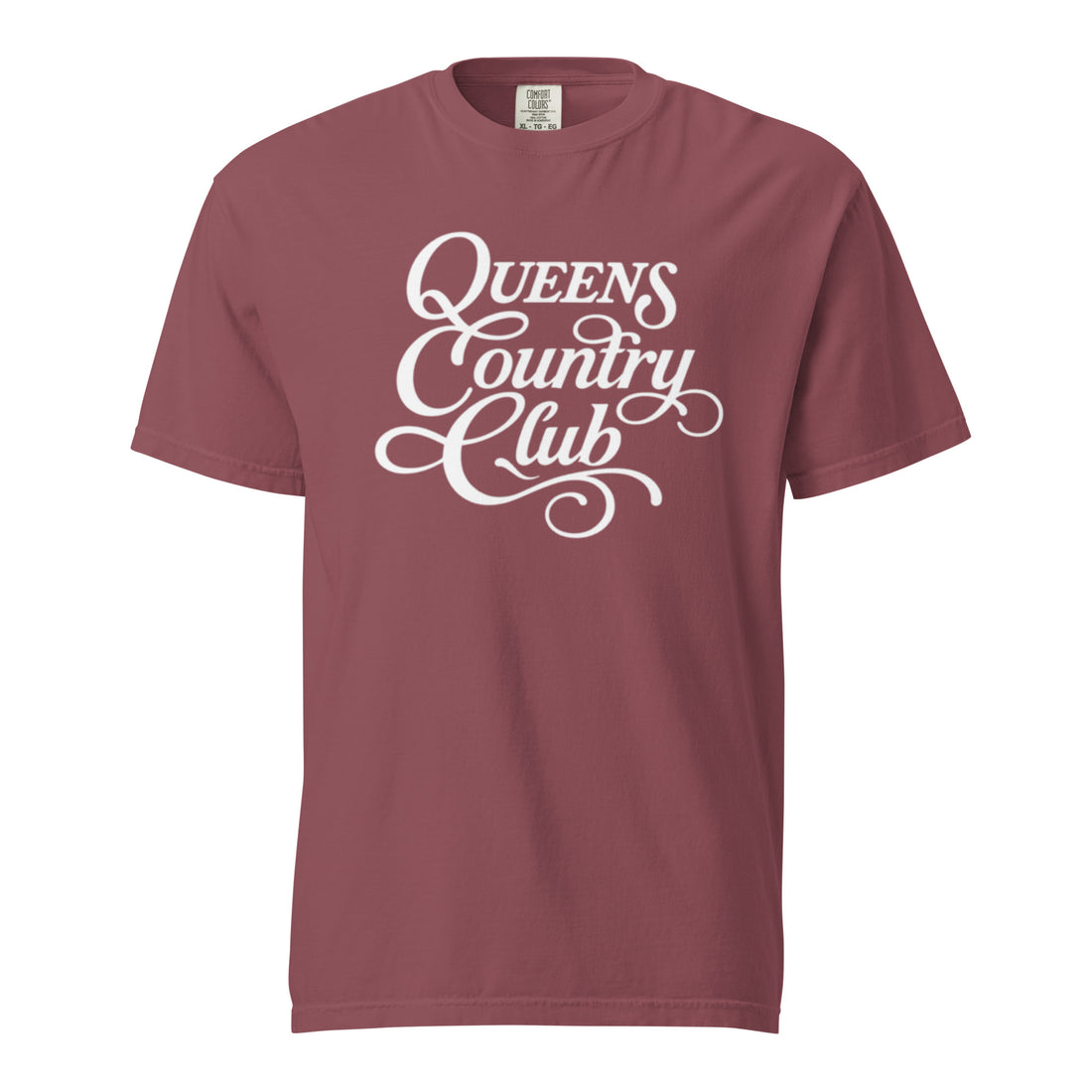 Brick QCC Heritage Script heavyweight garment-dyed T-shirt with white Queens Country Club graphic