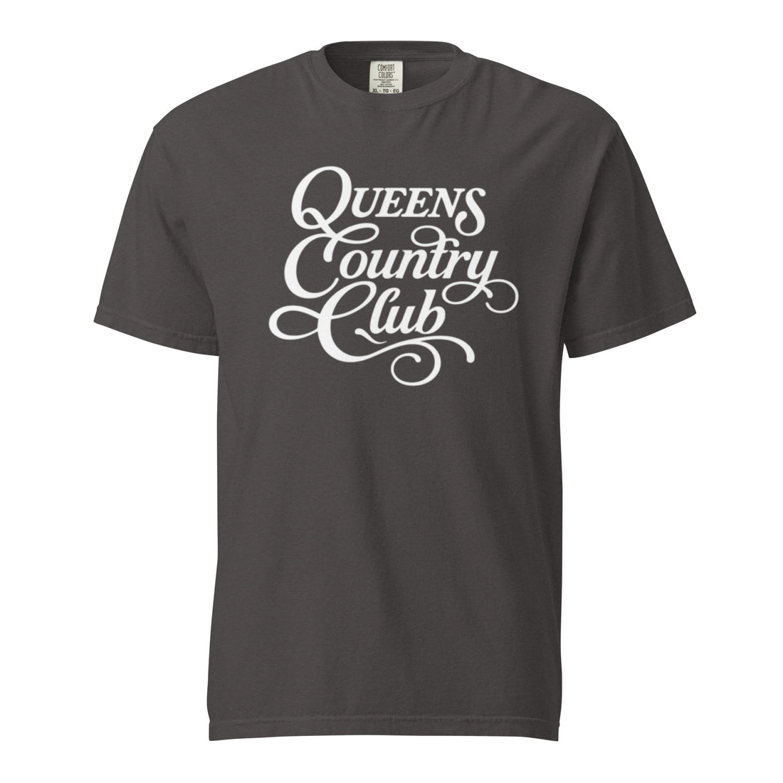 Graphite QCC Heritage Script heavyweight garment-dyed T-shirt with white Queens Country Club graphic