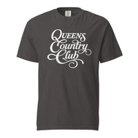 Graphite QCC Heritage Script heavyweight garment-dyed T-shirt with white Queens Country Club graphic