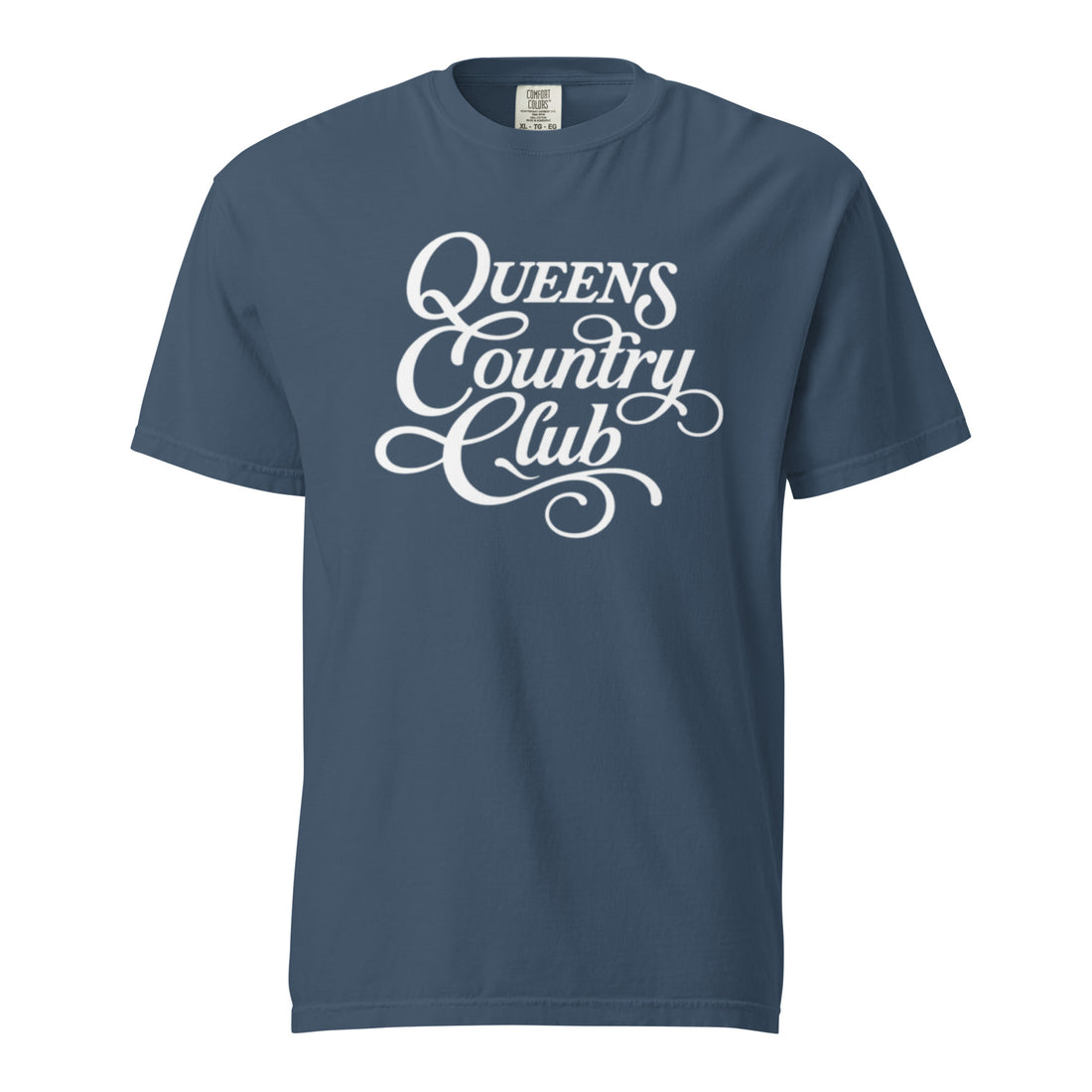 Midnight QCC Heritage Script heavyweight garment-dyed T-shirt with white Queens Country Club graphic