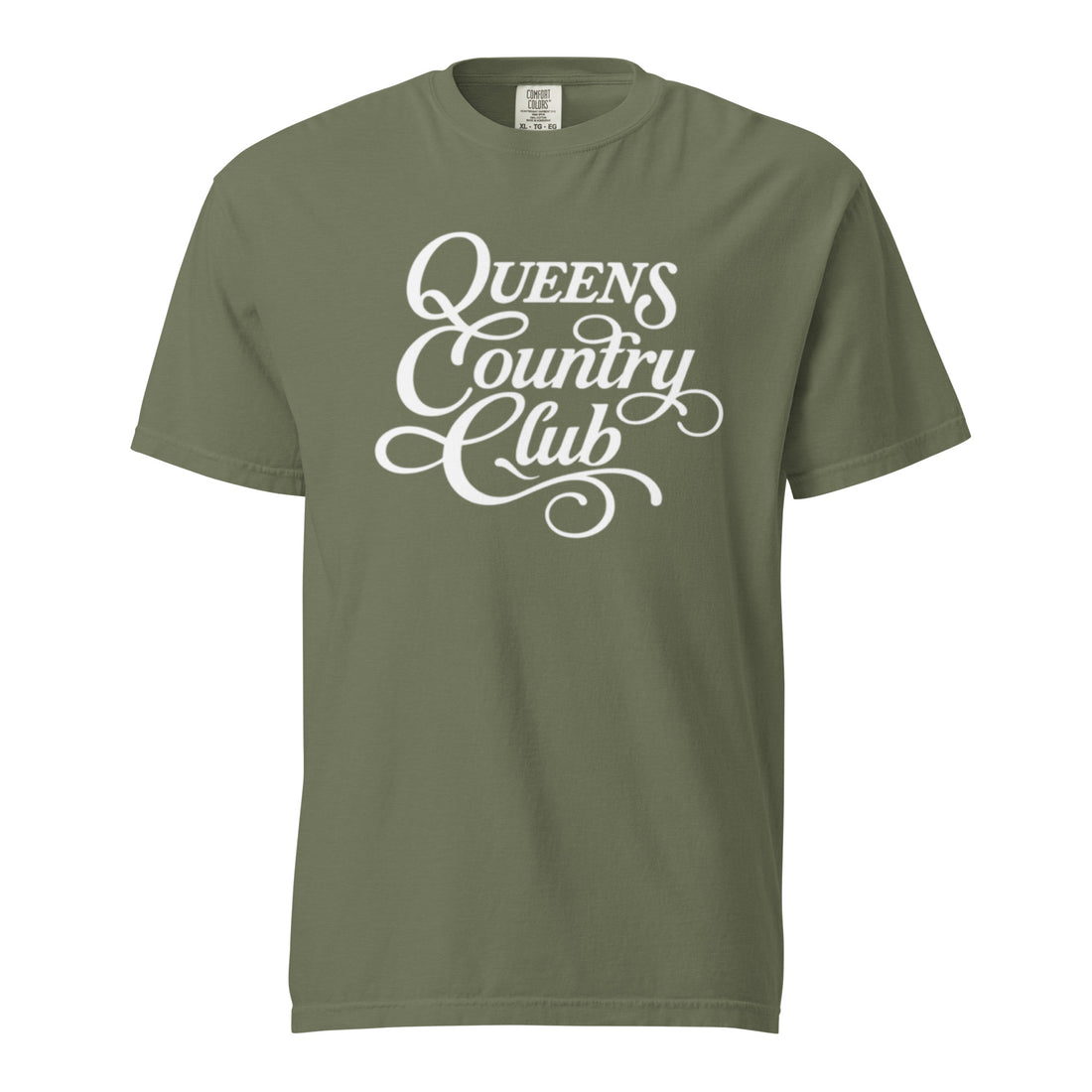 Moss QCC Heritage Script heavyweight garment-dyed T-shirt with white Queens Country Club graphic