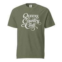 Moss QCC Heritage Script heavyweight garment-dyed T-shirt with white Queens Country Club graphic