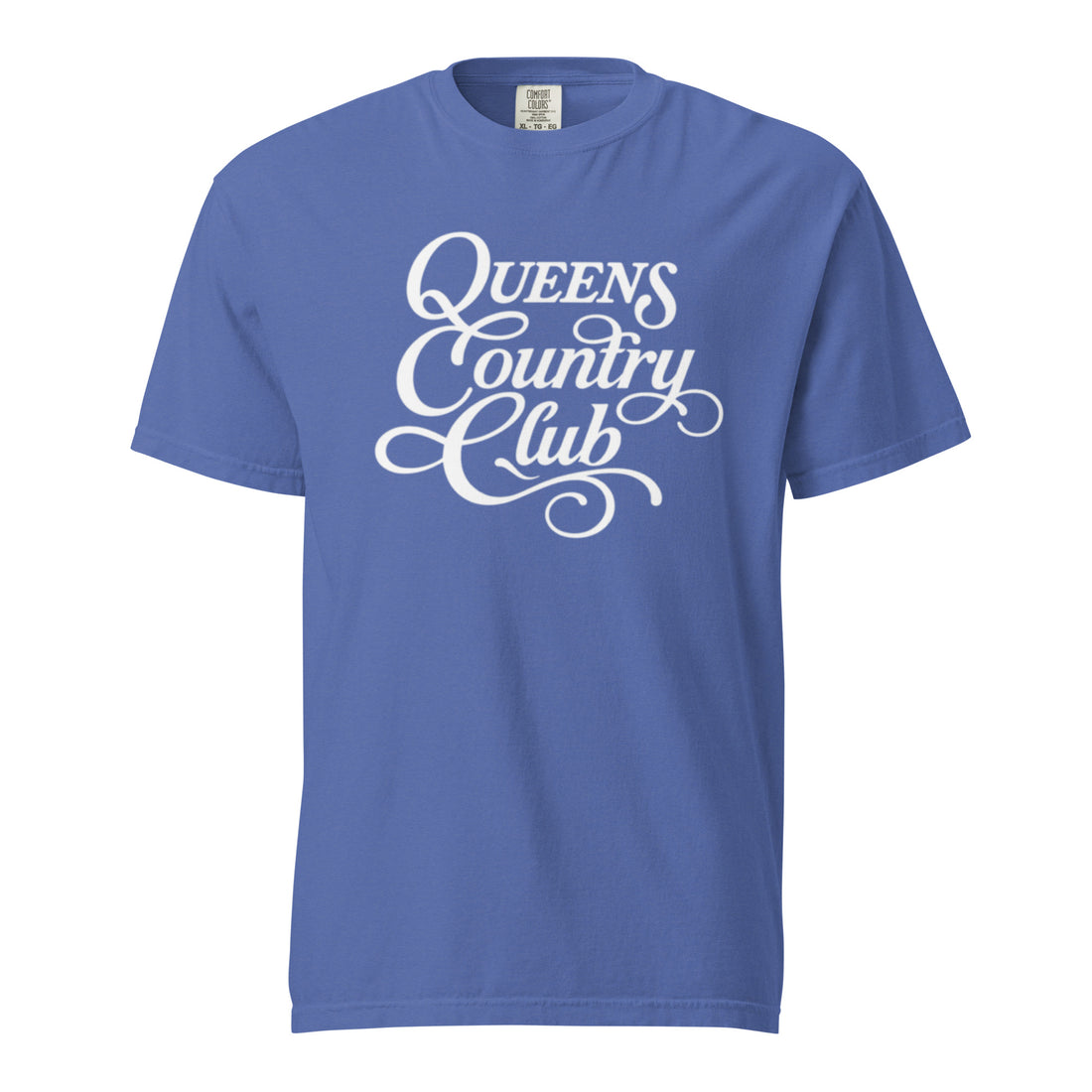 Mystic Blue QCC Heritage Script heavyweight garment-dyed T-shirt with white Queens Country Club graphic