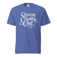 Mystic Blue QCC Heritage Script heavyweight garment-dyed T-shirt with white Queens Country Club graphic