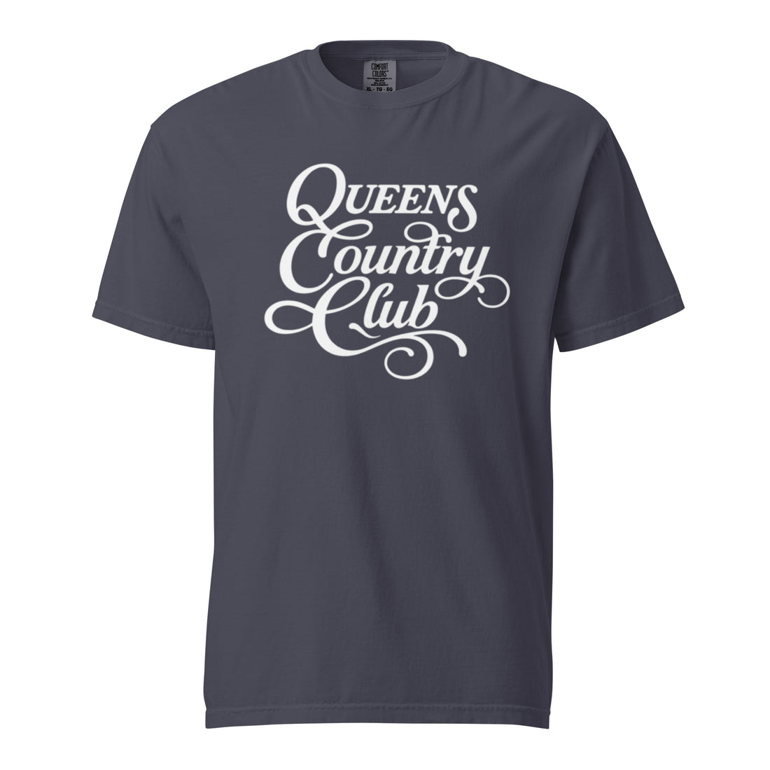 Navy QCC Heritage Script heavyweight garment-dyed T-shirt with white Queens Country Club graphic