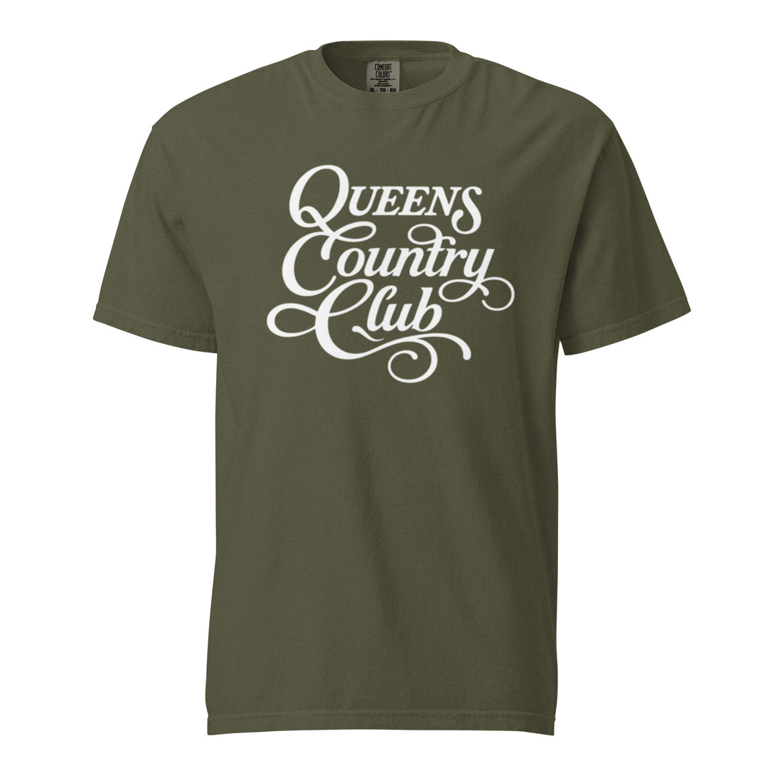 Sage QCC Heritage Script heavyweight garment-dyed T-shirt with white Queens Country Club graphic