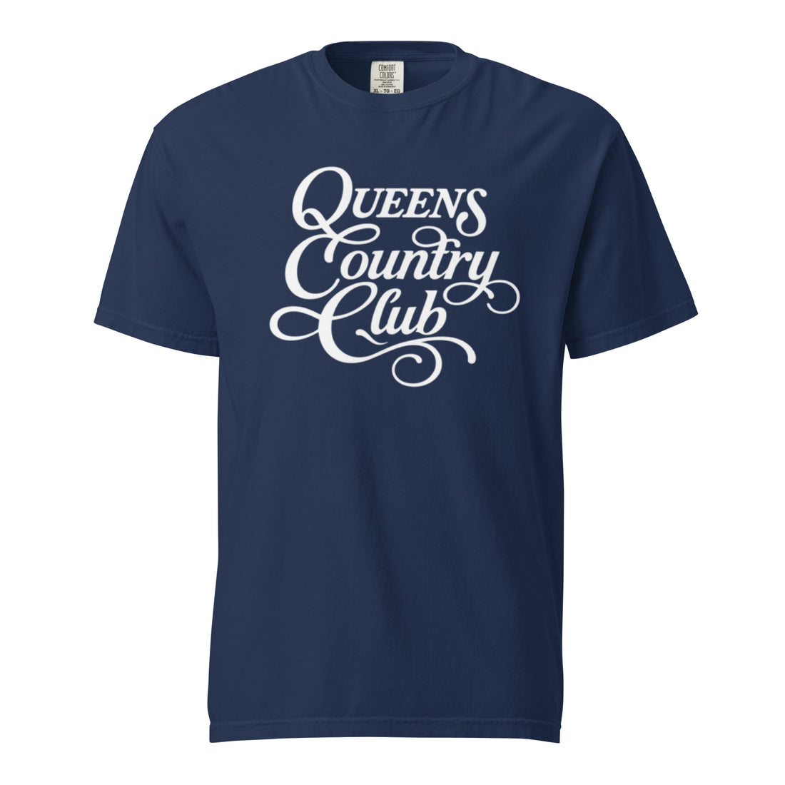 True Navy QCC Heritage Script heavyweight garment-dyed T-shirt with white Queens Country Club graphic