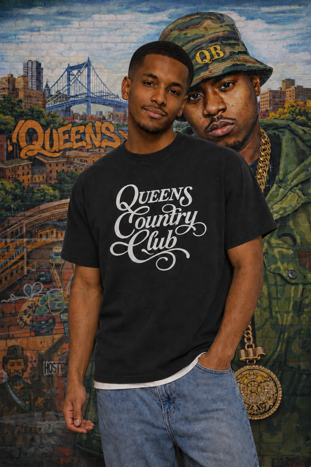 Model wearing a black QCC Heritage Script heavyweight tee in front of a Queens mural