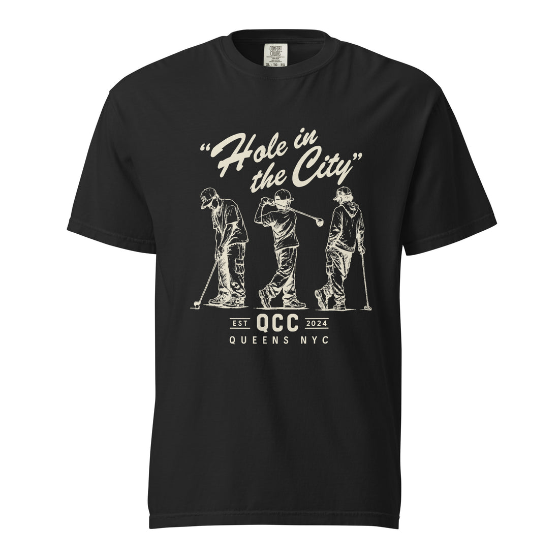 Black Hole in the City heavyweight golf T-shirt with cream QCC three-golfer graphic