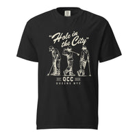 Black Hole in the City heavyweight golf T-shirt with cream QCC three-golfer graphic