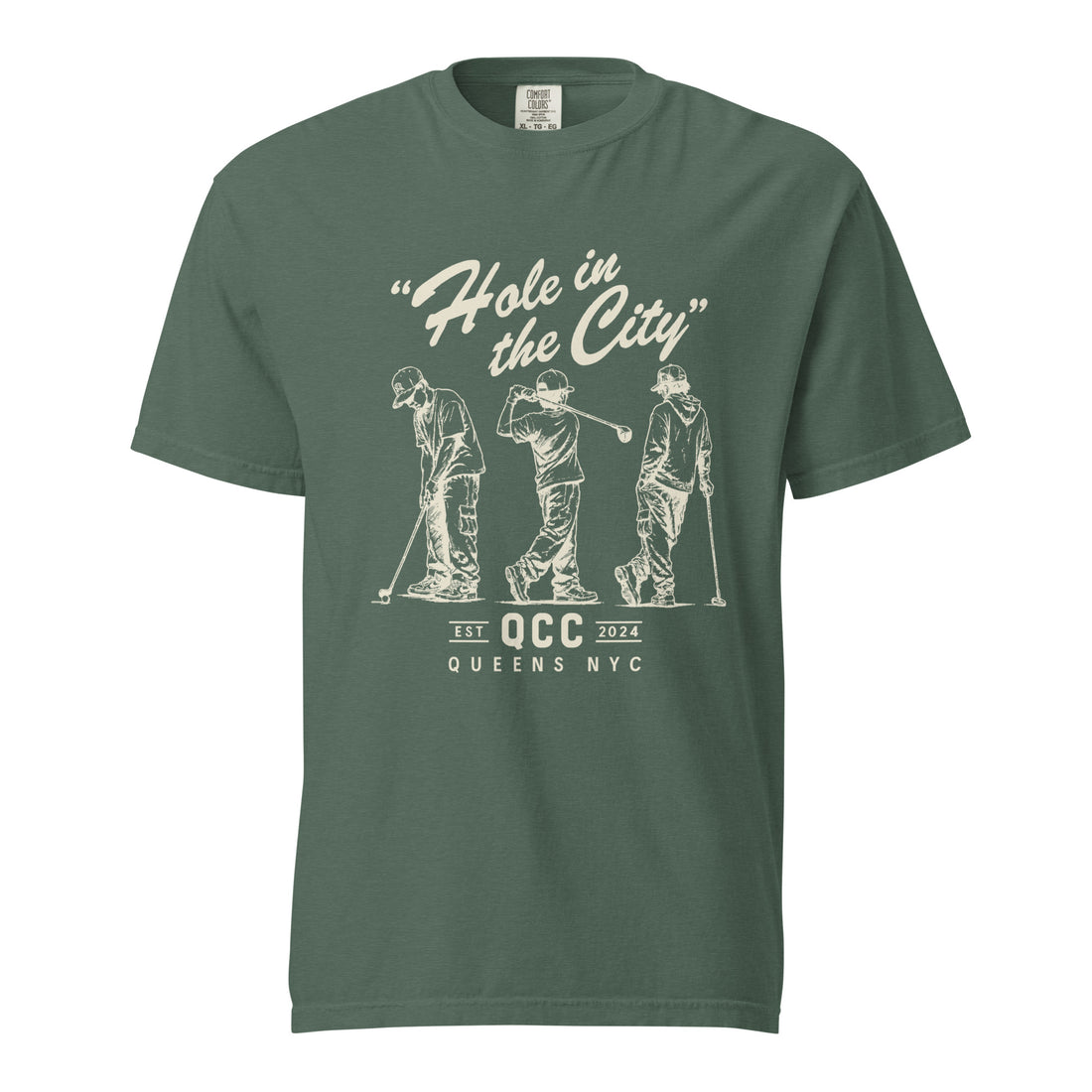 Blue Spruce Hole in the City heavyweight golf T-shirt with cream QCC three-golfer graphic