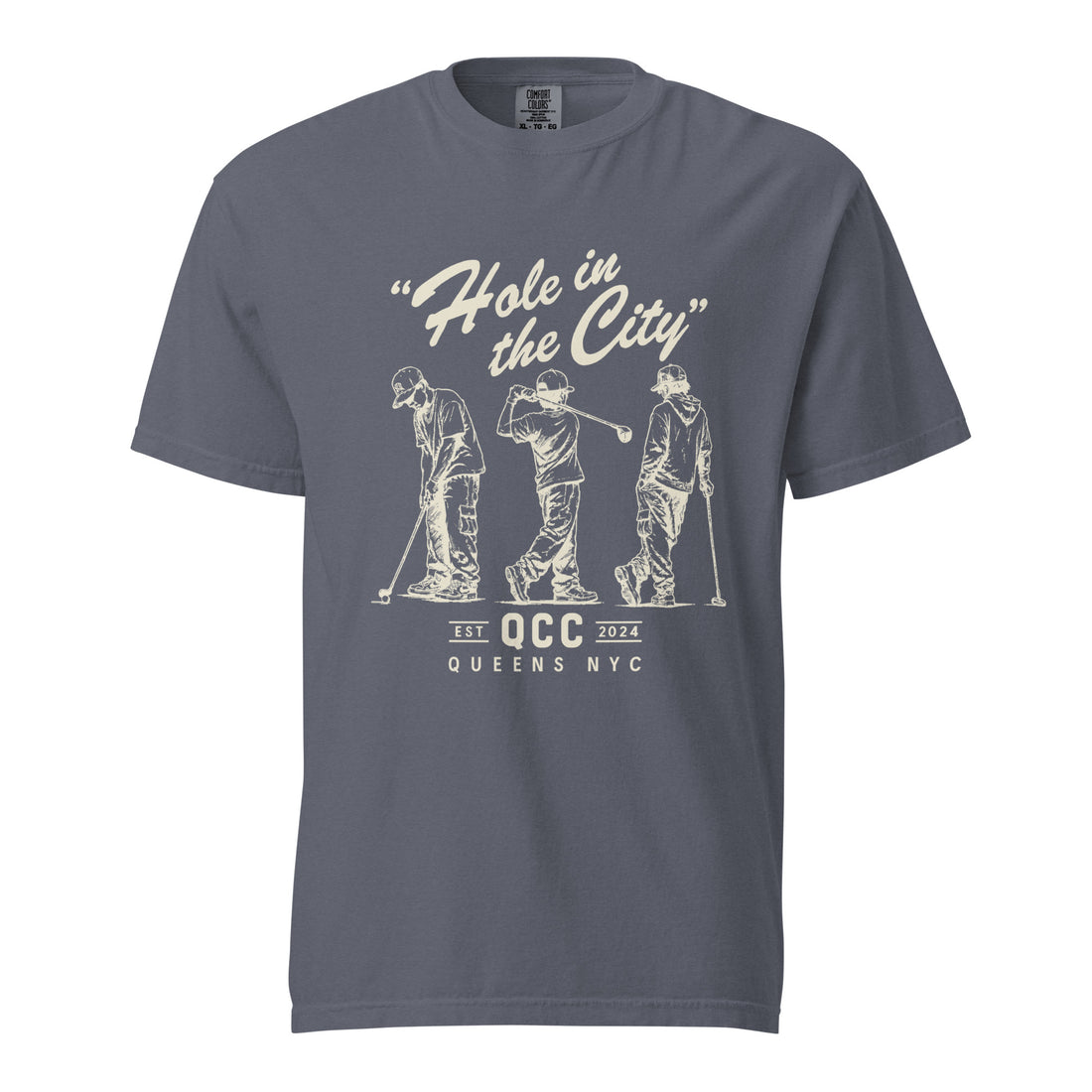 Denim Hole in the City heavyweight golf T-shirt with cream QCC three-golfer graphic