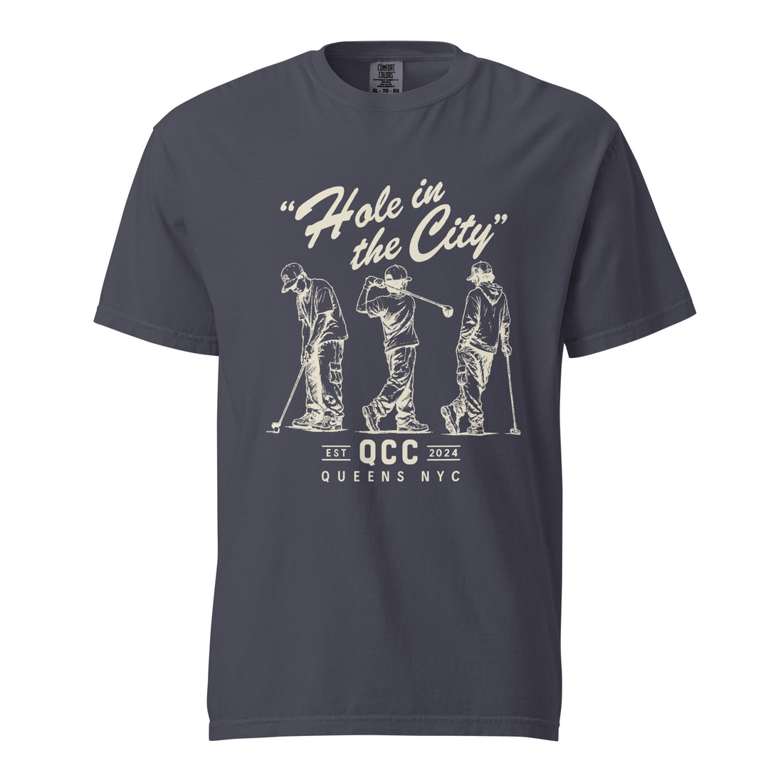 Navy Hole in the City heavyweight golf T-shirt with cream QCC three-golfer graphic