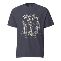Navy Hole in the City heavyweight golf T-shirt with cream QCC three-golfer graphic