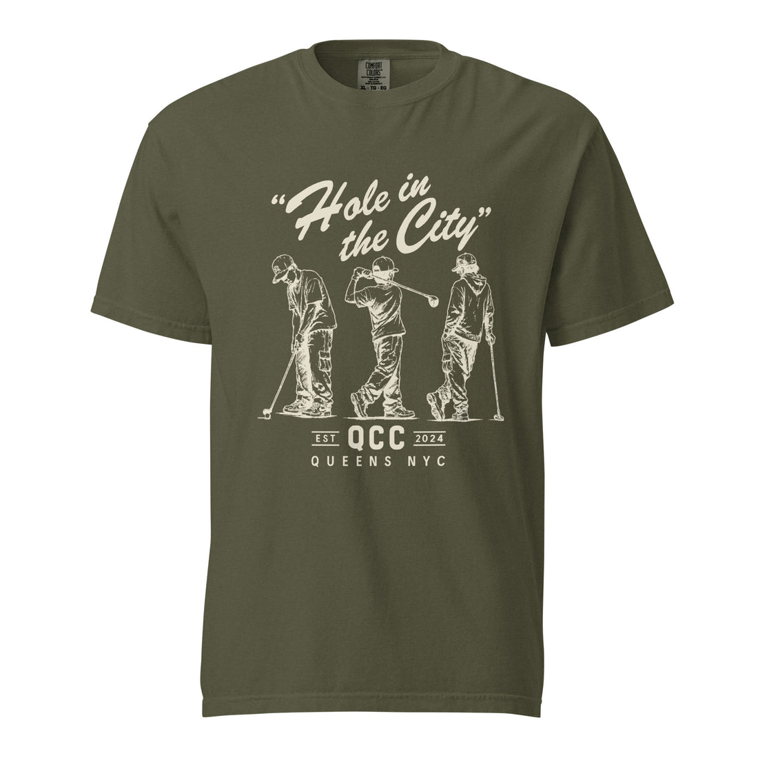 Sage Hole in the City heavyweight golf T-shirt with cream QCC three-golfer graphic