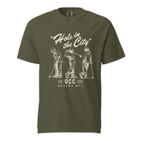 Sage Hole in the City heavyweight golf T-shirt with cream QCC three-golfer graphic