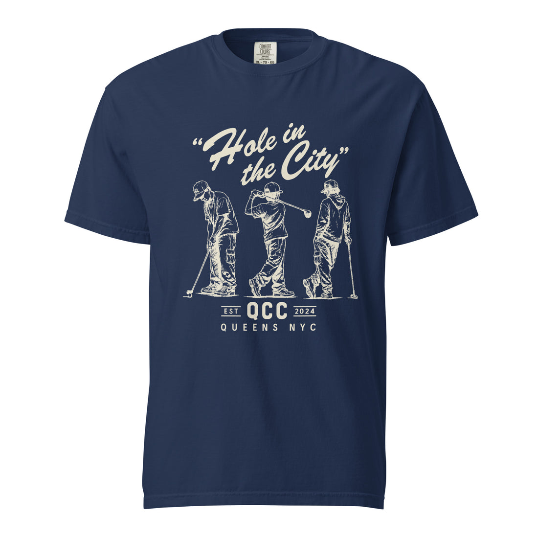 True Navy Hole in the City heavyweight golf T-shirt with cream QCC three-golfer graphic