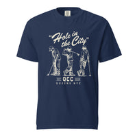 True Navy Hole in the City heavyweight golf T-shirt with cream QCC three-golfer graphic