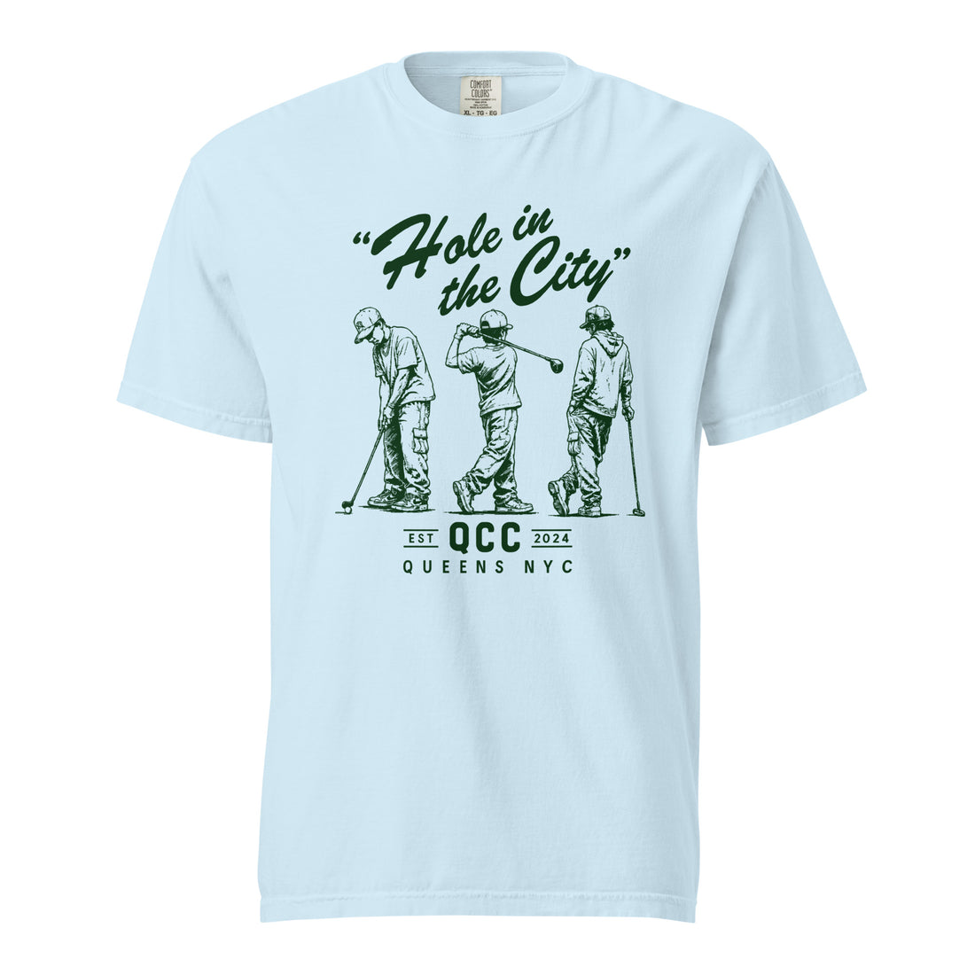 Chambray Hole in the City heavyweight golf T-shirt with green QCC three-golfer graphic