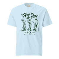 Chambray Hole in the City heavyweight golf T-shirt with green QCC three-golfer graphic