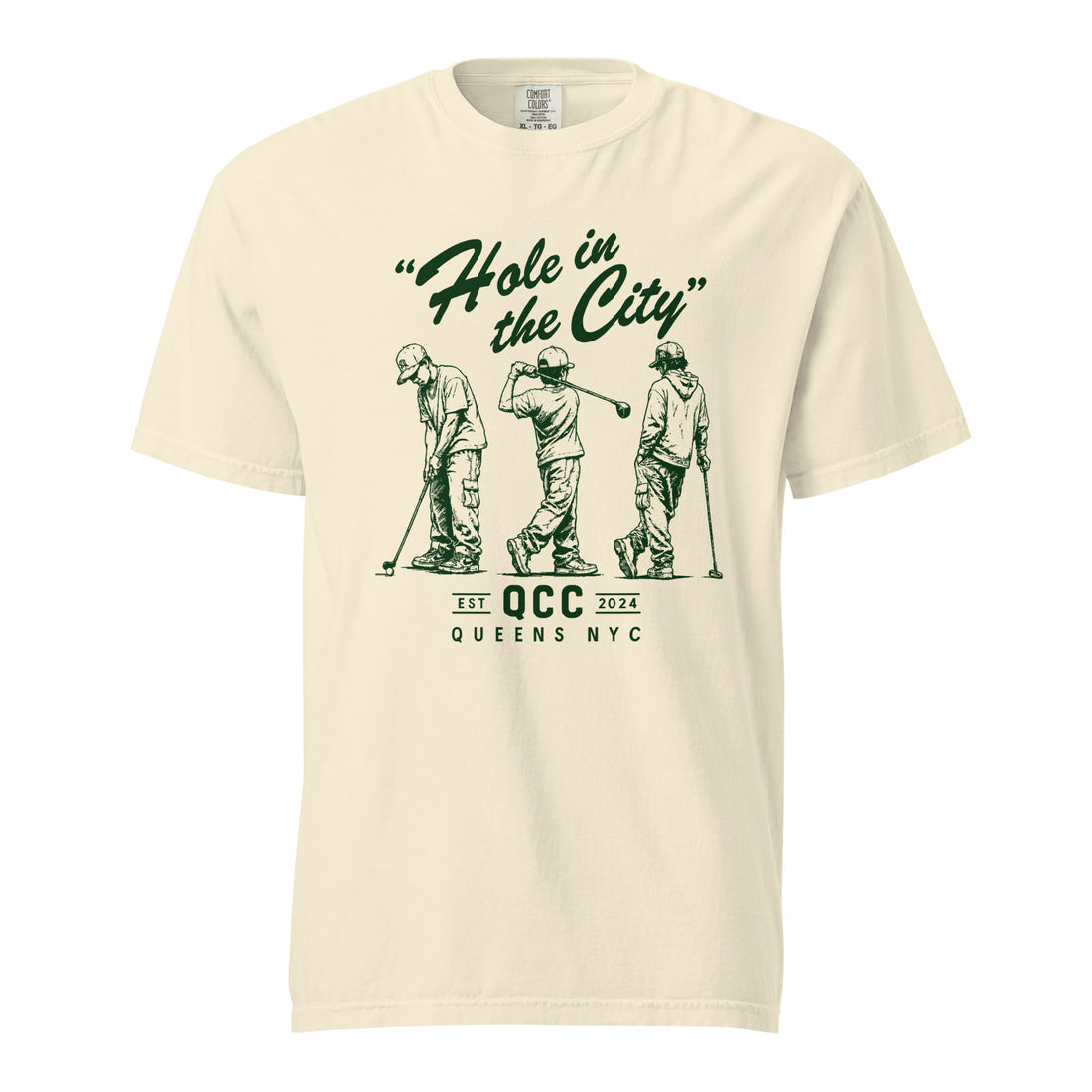 Ivory Hole in the City heavyweight golf T-shirt with green QCC three-golfer graphic