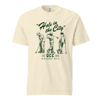 Ivory Hole in the City heavyweight golf T-shirt with green QCC three-golfer graphic
