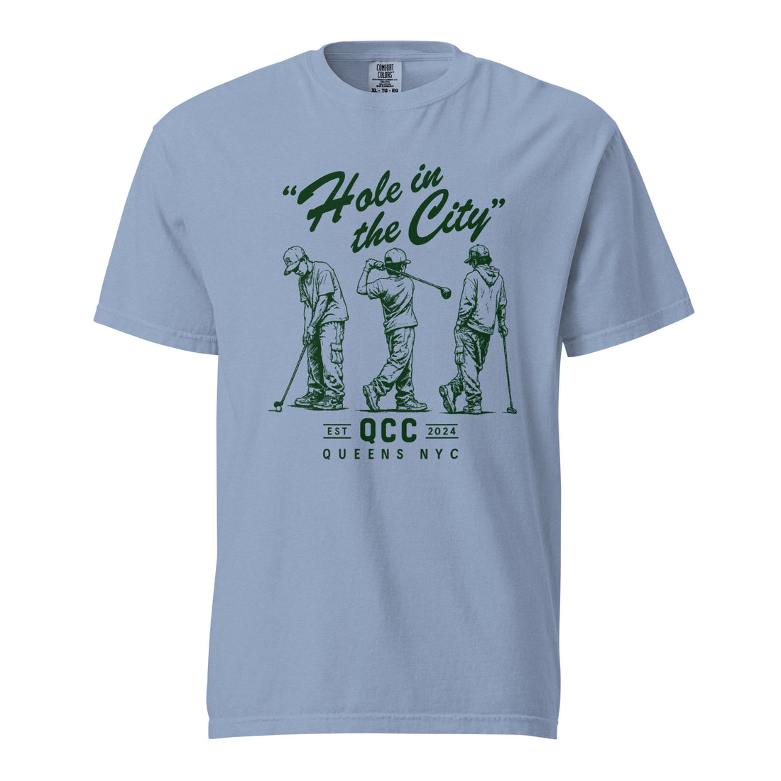 Washed Denim Hole in the City heavyweight golf T-shirt with green QCC three-golfer graphic