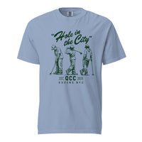 Washed Denim Hole in the City heavyweight golf T-shirt with green QCC three-golfer graphic