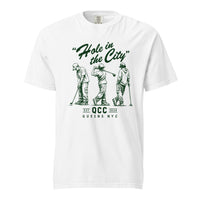 White Hole in the City heavyweight golf T-shirt with green QCC three-golfer graphic