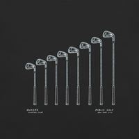 QCC Iron Lineup Tee in Black, back view showing sketched iron and wedge lineup.