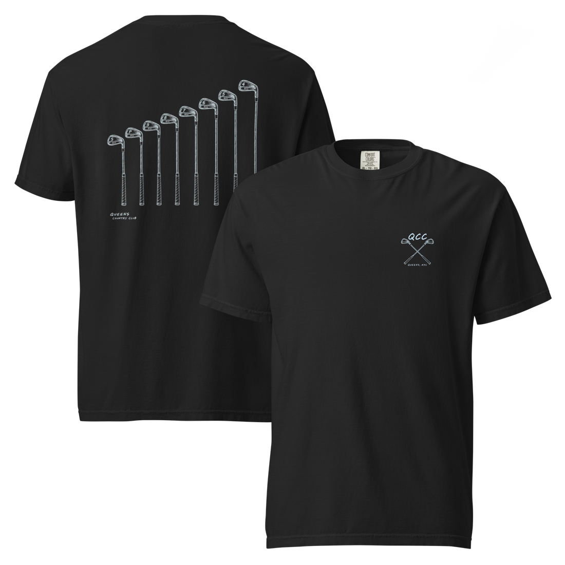 QCC Iron Lineup Tee in Black, front and back view showing QCC crossed-club chest emblem and sketched iron lineup on the back.