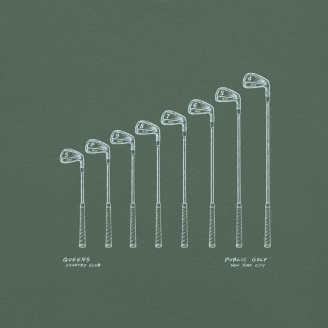 QCC Iron Lineup Tee in Blue Spruce, back view showing sketched iron and wedge lineup.