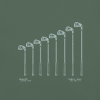 QCC Iron Lineup Tee in Blue Spruce, back view showing sketched iron and wedge lineup.