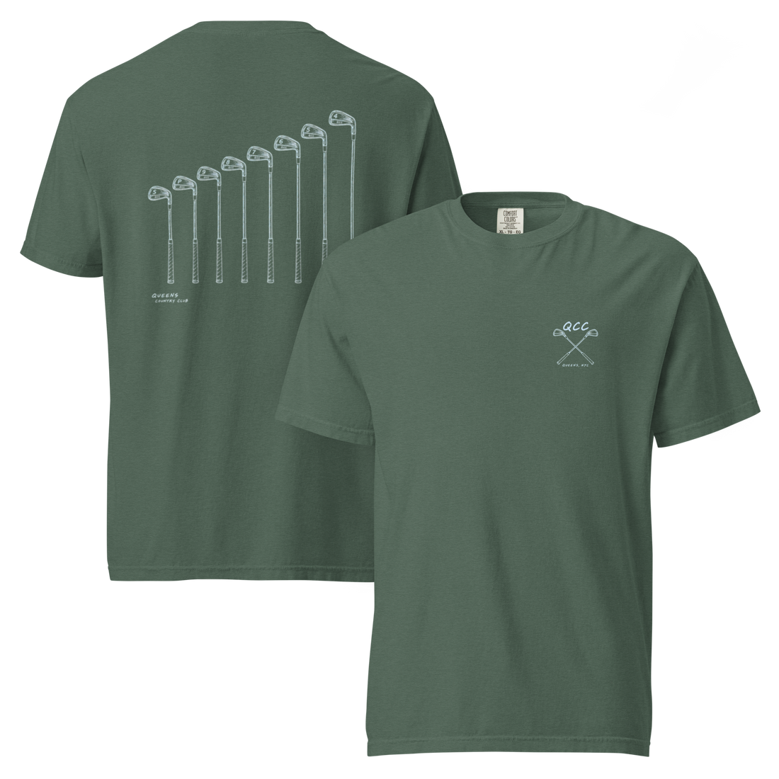 QCC Iron Lineup Tee in Blue Spruce, front and back view showing QCC crossed-club chest emblem and sketched iron lineup on the back.