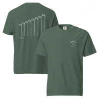 QCC Iron Lineup Tee in Blue Spruce, front and back view showing QCC crossed-club chest emblem and sketched iron lineup on the back.